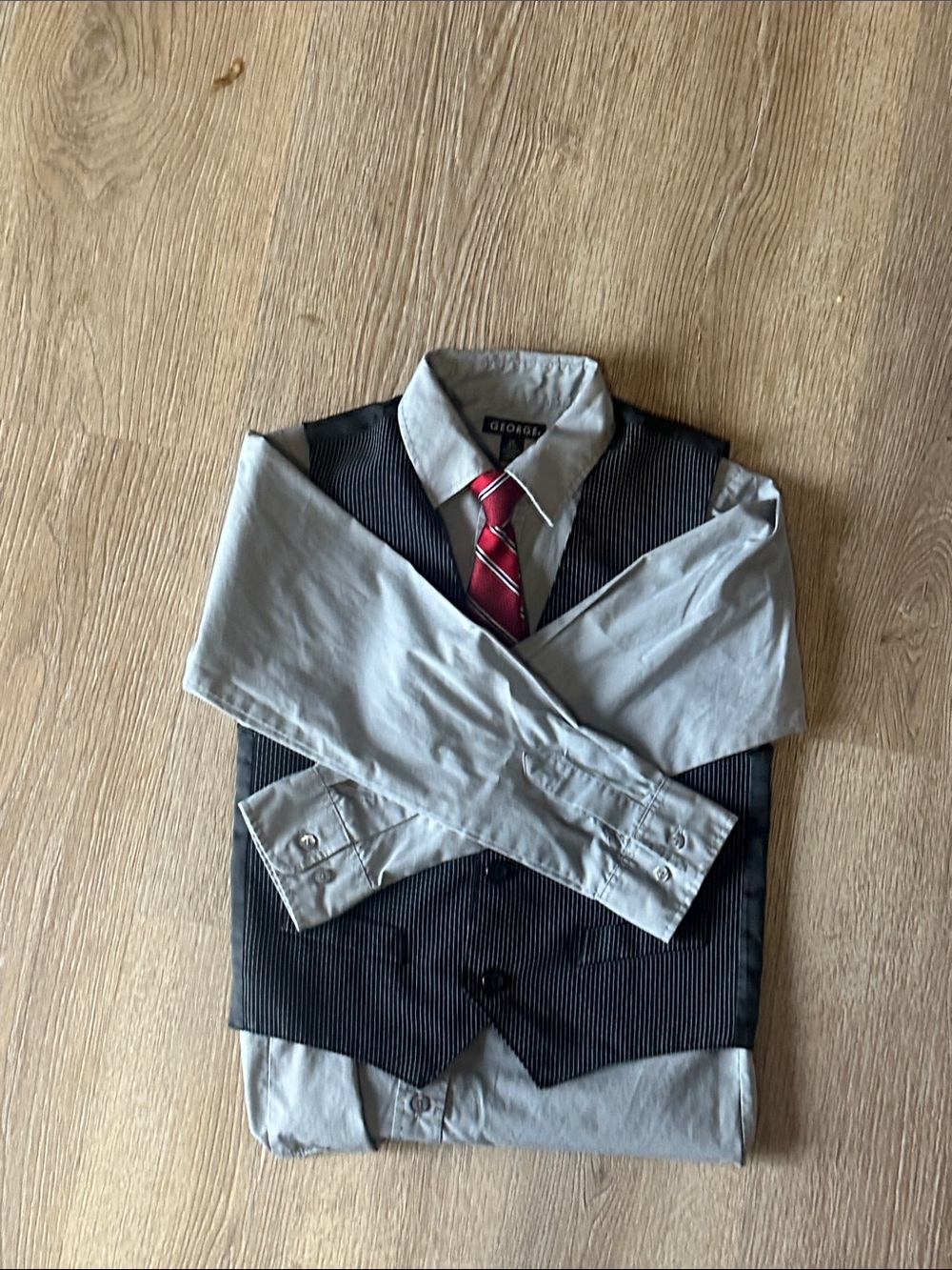 George Boys Gray Shirt Black Pinstripe Vest with Red Tie